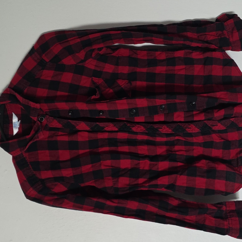 Time and Tru Red and Black Checkered Button Down Shirt